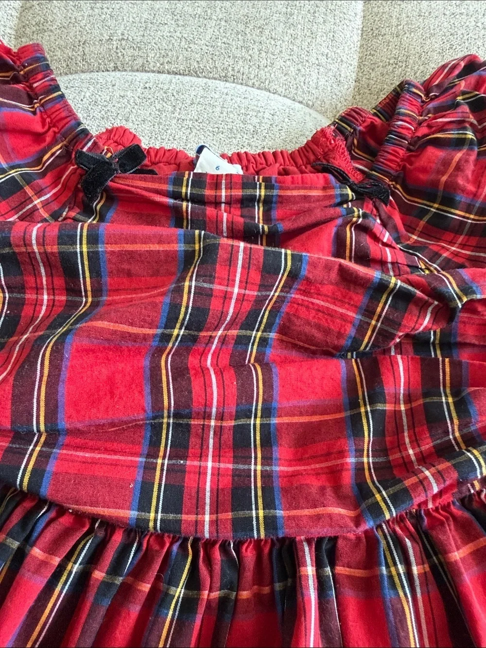 Crewcuts Girls Red Tartan Plaid Ruched Bodice Puff Sleeve Dress Size 6 Holiday